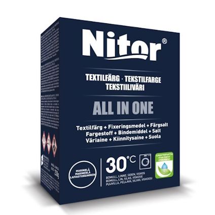 Förpackning av Nitor textilfärg i marinblå, med text: "All in One" och tvättning vid 30°C.