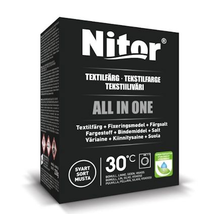 Förpackning med Nitor textilfärg svart, med text på flera språk och symbol för tvätt i 30 grader.