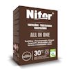 Förpackning av Nitor textilfärg, brun, märkt "ALL IN ONE" med instruktioner och temperatur 30°C.