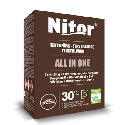 Förpackning av Nitor textilfärg, brun, märkt "ALL IN ONE" med instruktioner och temperatur 30°C.