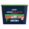 Förpackning för Bostik Hernia Non Woven tapetlim, mörkblå med grön lock och text samt dekorationsbilder.