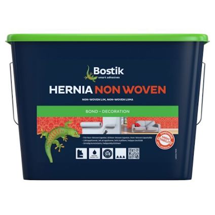 Förpackning för Bostik Hernia Non Woven tapetlim, mörkblå med grön lock och text samt dekorationsbilder.