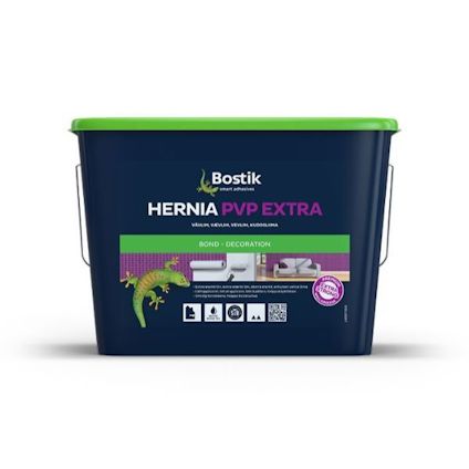 Plastbehållare med grönt lock och etikett märkt "Bostik Hernia PVP Extra". Innehåller dekorativa bilder och symboler.