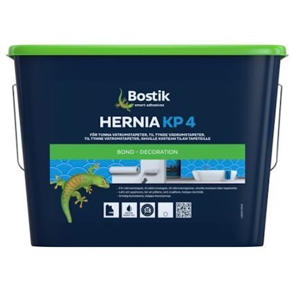 Plastförpackning med grönt lock och etikett med texten "Bostik Hernia KP4" samt ett ödlemotiv.