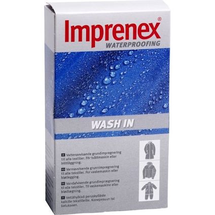 Förpackning med Imprenex Waterproofing, dekorerad med vattendroppar och text om användning för textilier.