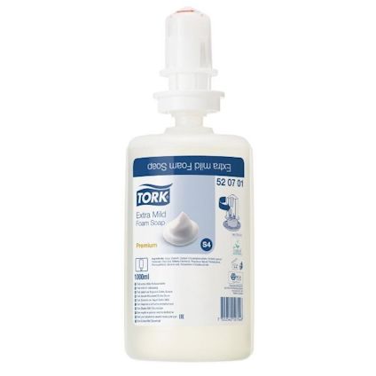 TORK Extra Mild Foam Soap-flaska med vit etikett, blå text och S4-dispenserikon.