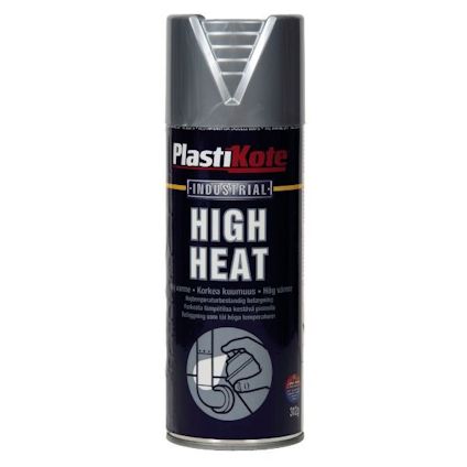 PlastKote sprayfärg för hög värme i en svart flaska med grått lock och etikett med texten "HIGH HEAT".