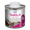 Rund burk med teakolja, etikett märkt "Fixor by Nitor TEAKOLJA". 250 ml. Bild på trämöbler och text om UV-filter.