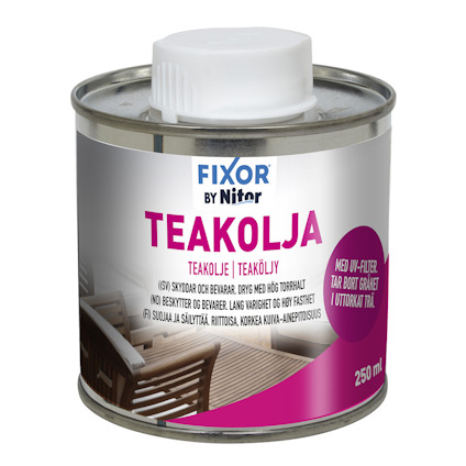 Rund burk med teakolja, etikett märkt "Fixor by Nitor TEAKOLJA". 250 ml. Bild på trämöbler och text om UV-filter.