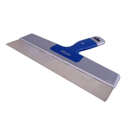 Bredspackel med blått och grått handtag, metallblad.