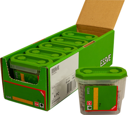 Grön kartong med sex mindre plastbehållare med gröna lock. Text på kartongen: "ESSVE".