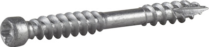 Metallisk skruv med spiralformade gängor och sexkantigt huvud, liggande horisontellt.