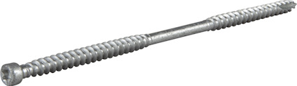 Skruv med cylindrisk huvud och genomgående gängor, metallisk yta och Torx-drivning.
