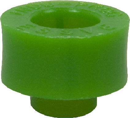 Grön plastdistansbricka med slät yta och hål i mitten.