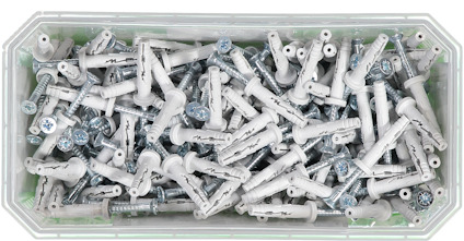 Plastlåda med vita plastpluggar och metallskruvar.