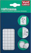 Förpackning av Casco häftmassa med illustrationer av möjliga användningsområden, som papper, affischer och keramik.