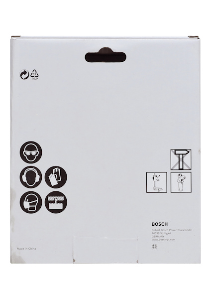 Vit förpackning med Bosch-logotyp, skyddsikoner för öron, ögon och hand, text: "Bosch Power Tools GmbH".
