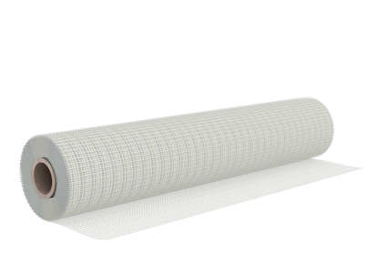 Rulle med vitt glasfiberväv, delvis utrullad, mot vit bakgrund.