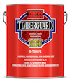 Röd burk med texten "WATCO TIMBERGUARD" och information om en skyddande olja för trä utomhus.