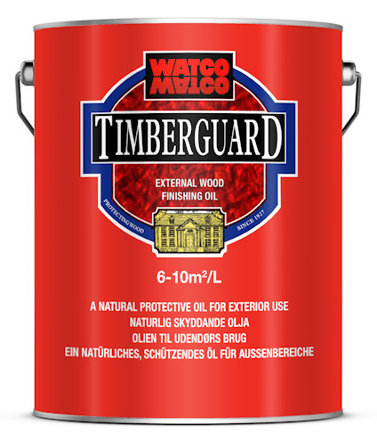 Röd burk med texten "WATCO TIMBERGUARD" och information om en skyddande olja för trä utomhus.
