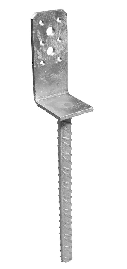 Metallisk stolpsko med hål och gängad stång.