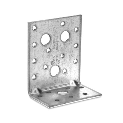 Metallvinkelbeslag med flera hål i varierande storlekar.