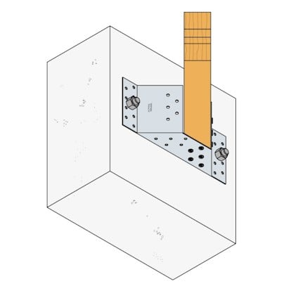Stålbeslag fäst vid en träbalk och en betongblock med bultar.