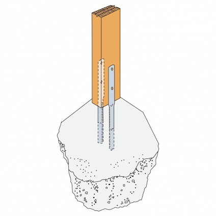 Illustration av ett trästolpe med metallbeslag, monterad i betong.