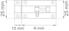 Ritning av en rektangulär dörrbult med fyra hål; mått 25 mm och 15 mm visas.