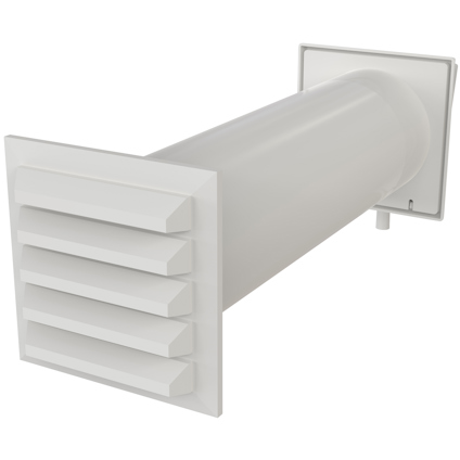 Vit ventilationskanal med galler och fyrkantig fläns i ena änden.