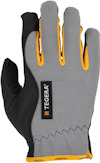 Grå och svart arbetshandske med gula detaljer, märkt "TEGERA" på etikett.