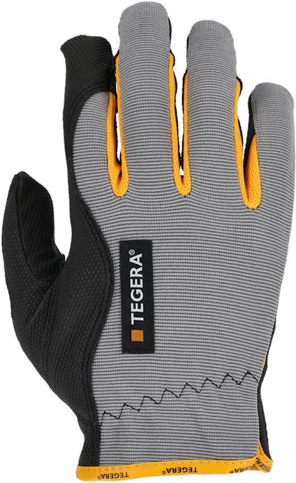Grå och svart arbetshandske med gula detaljer, märkt "TEGERA" på etikett.