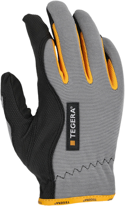 Arbetshandske i grått, svart och gult med etiketten "TEGERA".