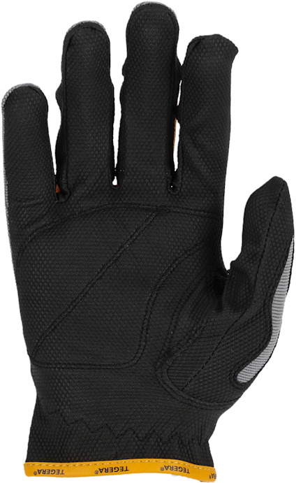 Svart arbetshandske med gult band och insydd logotyp "TEGERA" vid handleden.