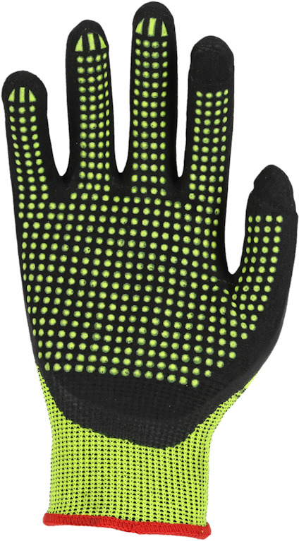 En svart och gul handske med prickigt mönster och röd kant vid handleden.