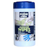 Vit burk med blått lock, etikett med texten "Fixor by Nitor Allround Wipes 50 st", samt bilder på rengjorda händer.