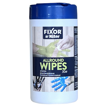 Vit burk med blått lock, etikett med texten "Fixor by Nitor Allround Wipes 50 st", samt bilder på rengjorda händer.