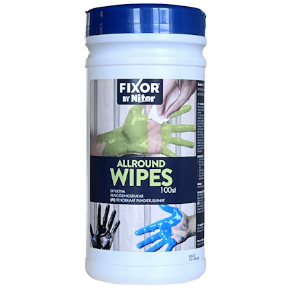 Behållare med etiketttexten "Fixor by Nitor Allround Wipes 100st" och bilder av färgfläckiga händer.