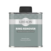 En metallburk med texten "Liberon, Ring Remover, Varnished and lacquered wood." Under texten står: "Removes stains, rings and scuffmarks."