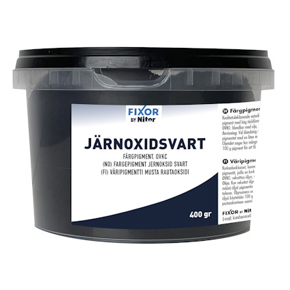 Svart plastburk med etiketttexten "JÄRNOXIDSVART" i blått, väger 400 gram.