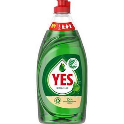 Flaska med grön diskmedel, märkt "YES Original", med röda och vita etiketter.