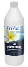 Vit flaska med vit kork, etikett med texten "FIXOR SPA RÖRCLEANER" och bild av en gul vit blomma.