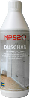 Flaska med etikett "MP52 DUSCHAN", specialrengöring för duschar. Innehåller svensk flagga.
