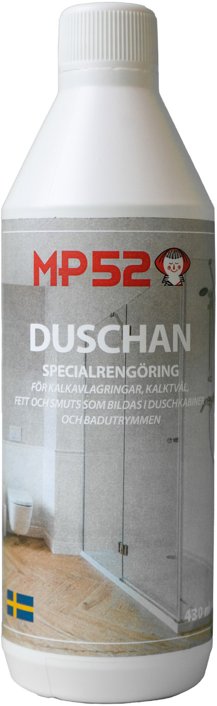 Flaska med etikett "MP52 DUSCHAN", specialrengöring för duschar. Innehåller svensk flagga.