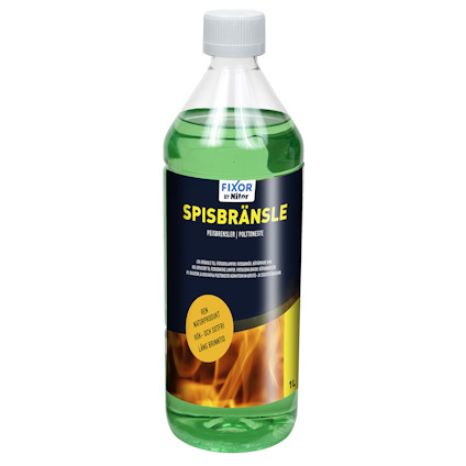 Plastflaska med grön vätska, etikett med texten "FIXOR by Nitor SPISBRÄNSLE" och bild av eldflamma. Volymangivelse: 1 L.