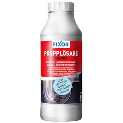 Vit burk med rött och vitt etikett med texten "PROPPLOSARE PULVER FIXOR 750G" och en bild på ett avloppsrör.