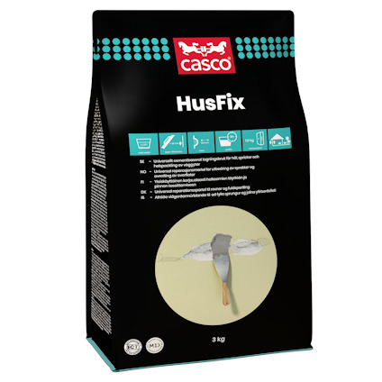 Förpackning av HusFix Casco 3 kg med en illustration av spackel på väggen och text i flera språk.