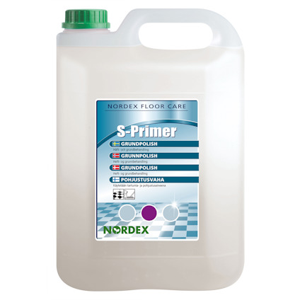 Kapsel med grön kork och etikett med texten: "Nordex Floor Care, S-Primer, Grundpolish" på olika språk.