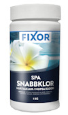 Vit plastburk med etikett för "Fixor SPA SNABBKLOR". Etiketten visar en blomma och innehåller text på flera språk.