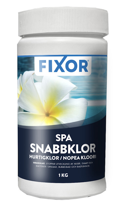 Vit plastburk med etikett för "Fixor SPA SNABBKLOR". Etiketten visar en blomma och innehåller text på flera språk.